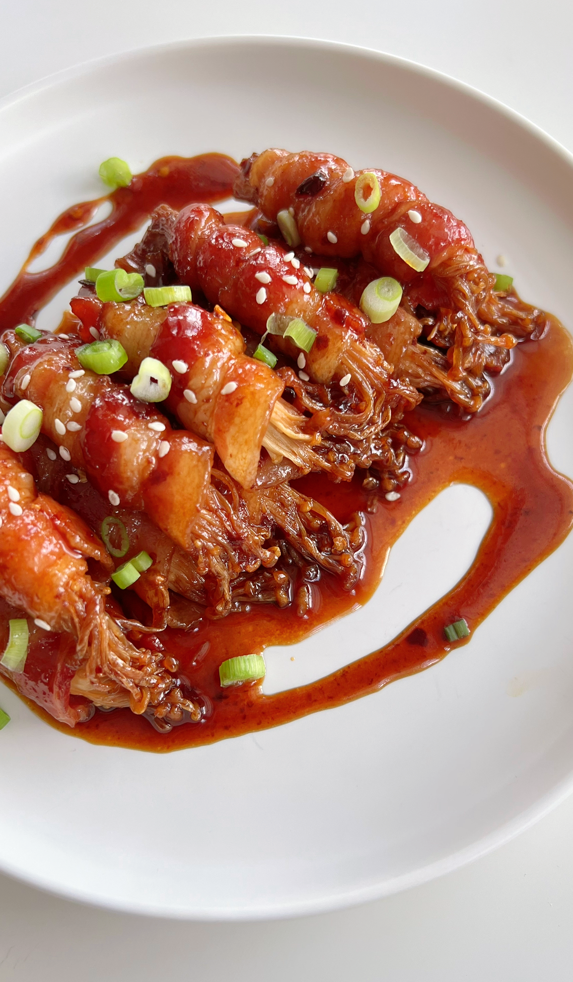 Bacon Wrapped Enoki Mushrooms with Hot Honey Soy Glaze