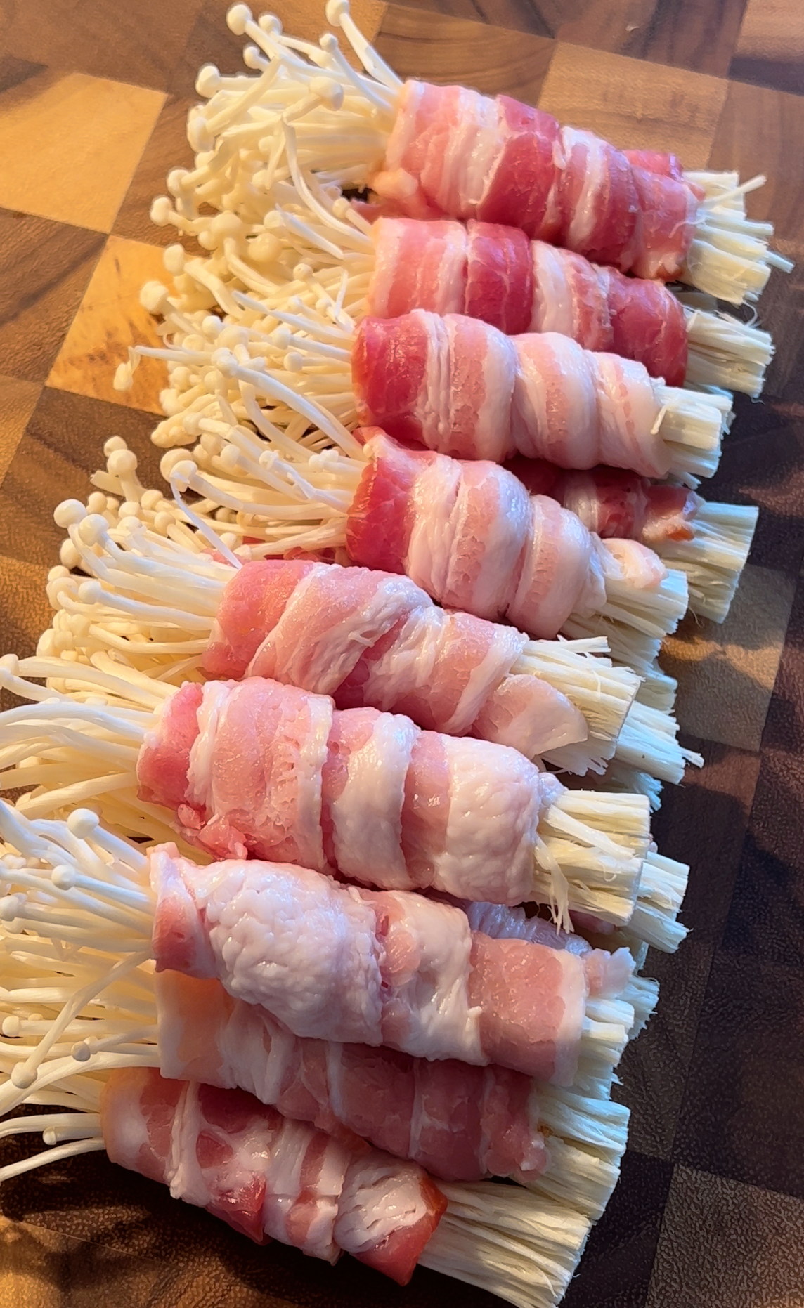 Bacon Wrapped Enoki Mushrooms with Hot Honey Soy Glaze