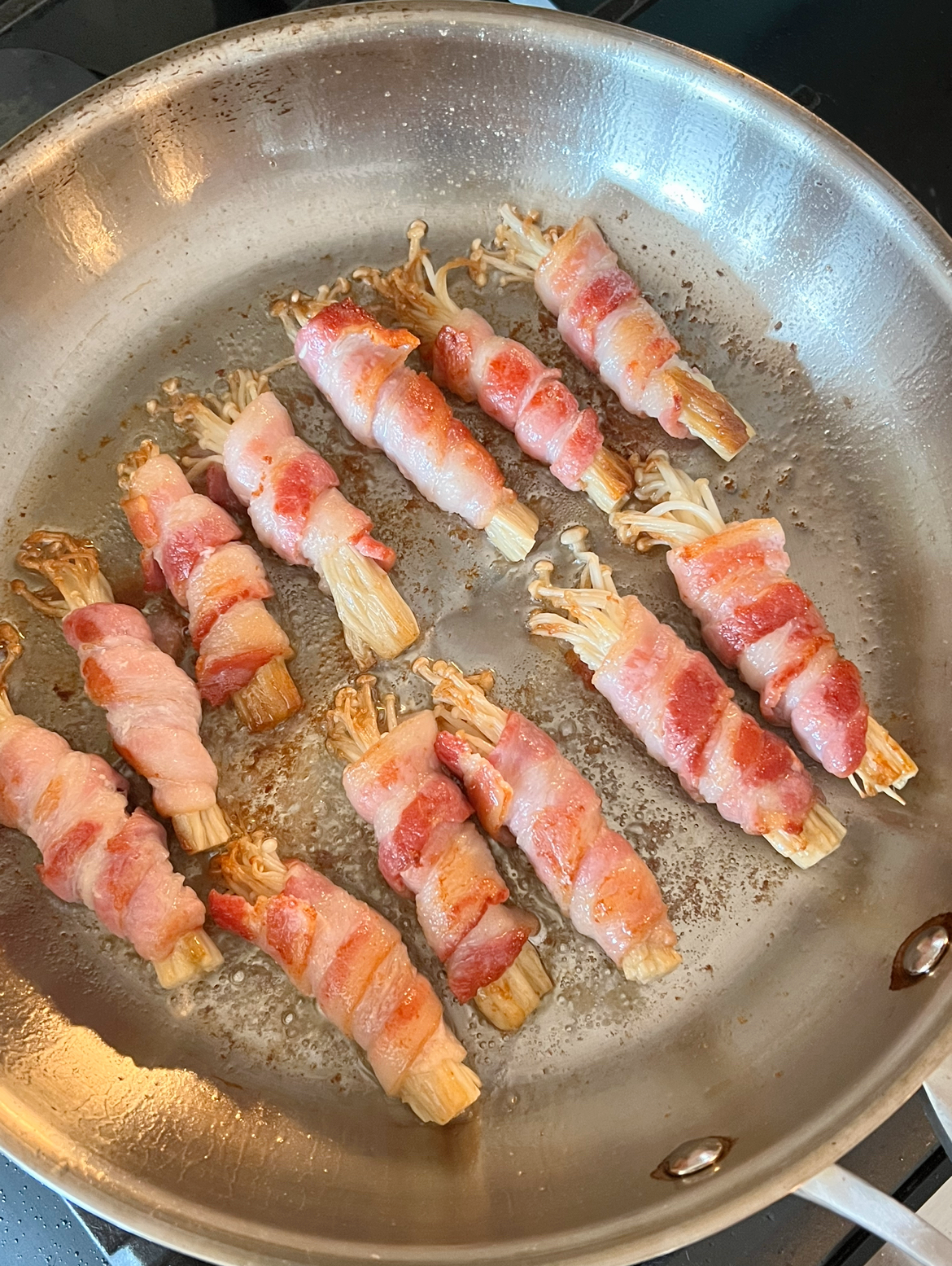 Bacon Wrapped Enoki Mushrooms with Hot Honey Soy Glaze