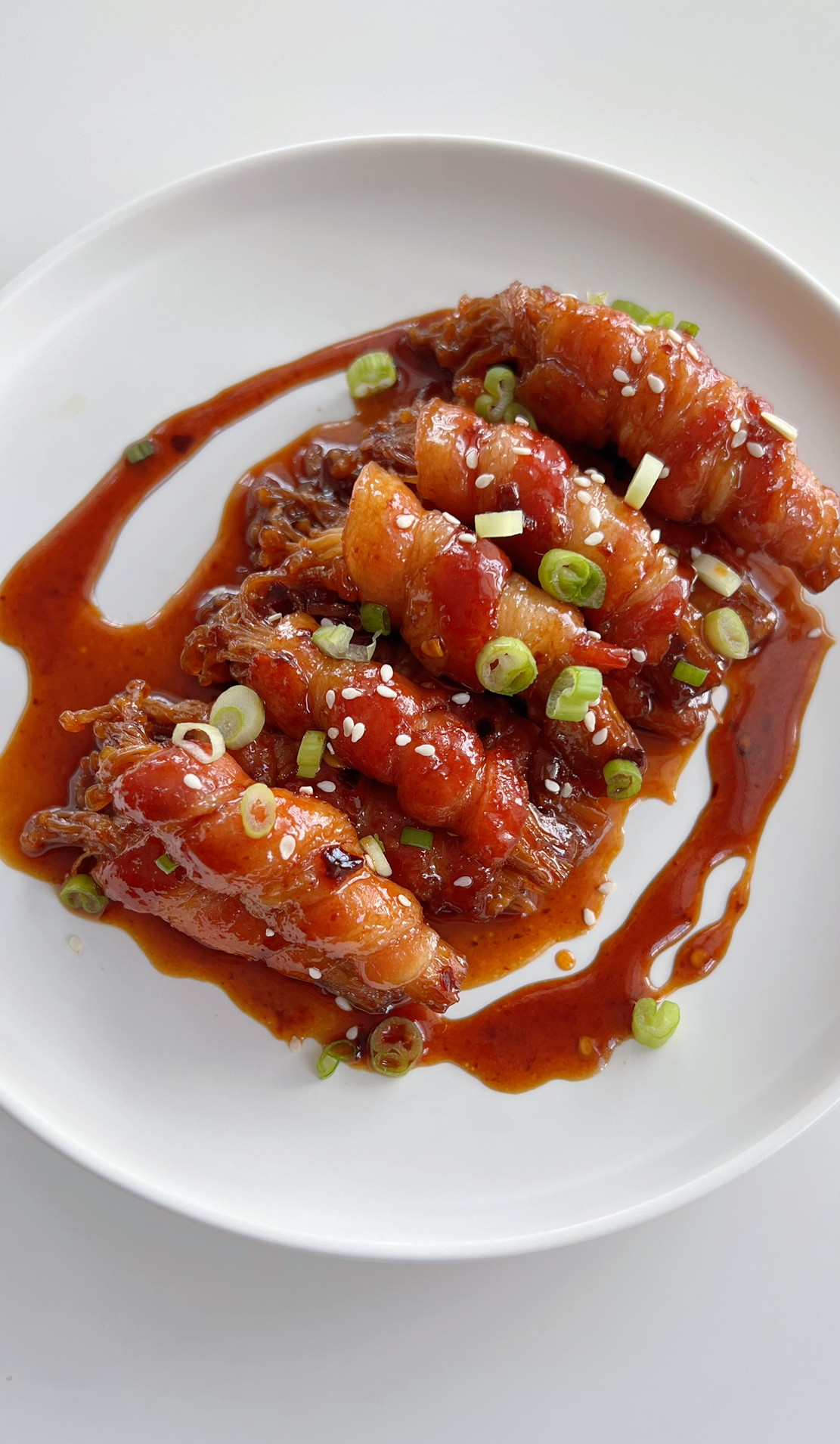 Bacon Wrapped Enoki Mushrooms with Hot Honey Soy Glaze