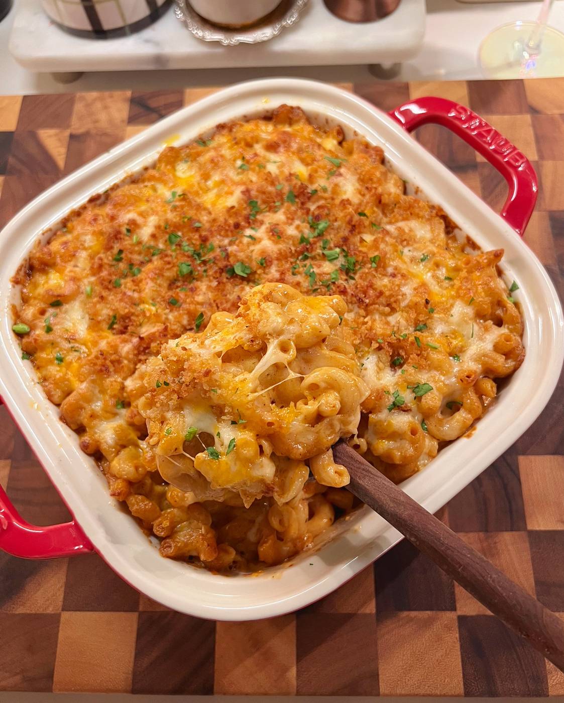 Gochujang Mac & Cheese with Caramelized Onions
