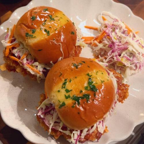 Hot Honey Ranch Chicken Sliders with Dill Pickle Slaw