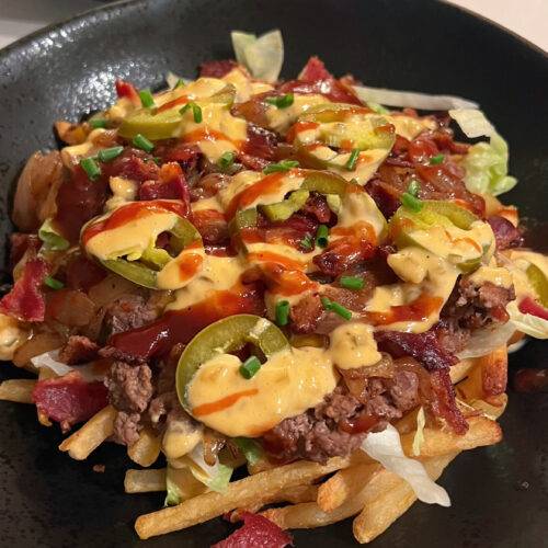 Sriracha BBQ Loaded Bacon Burger & Fries Bowls