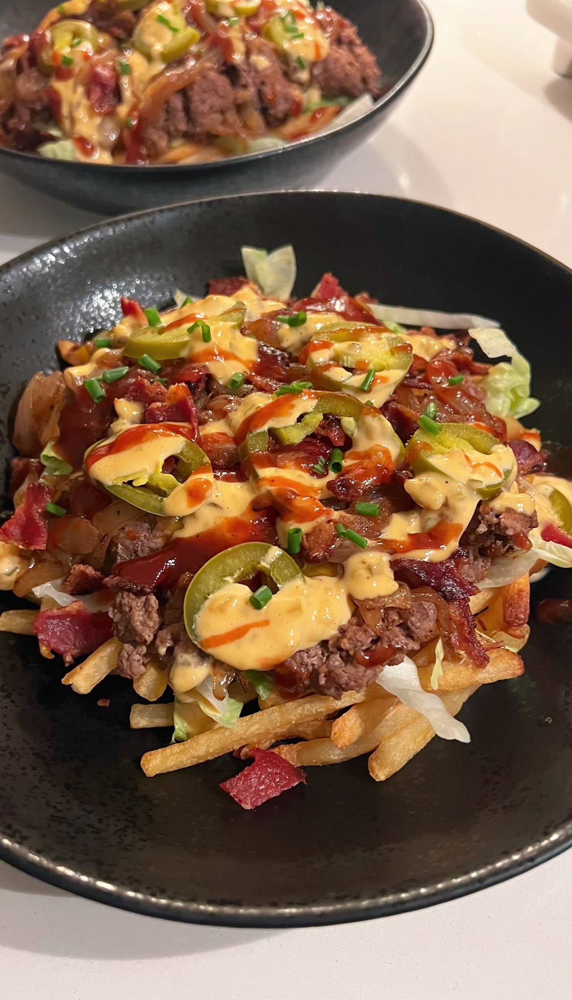 Sriracha BBQ Loaded Bacon Burger & Fries Bowls