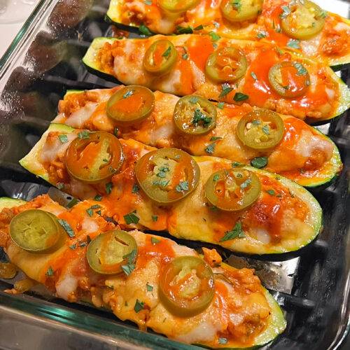 Honey Buffalo Chicken Stuffed Zucchini Boat