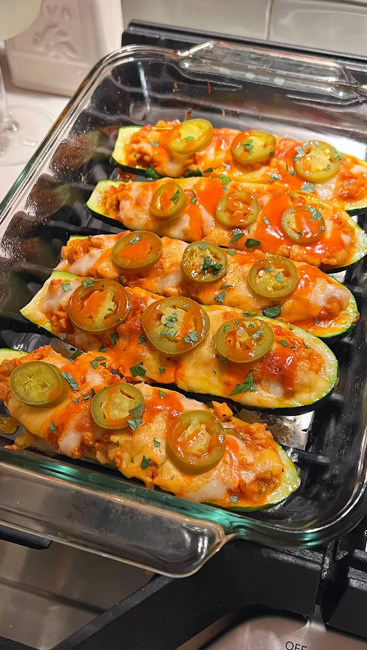 Honey Buffalo Chicken Stuffed Zucchini Boat