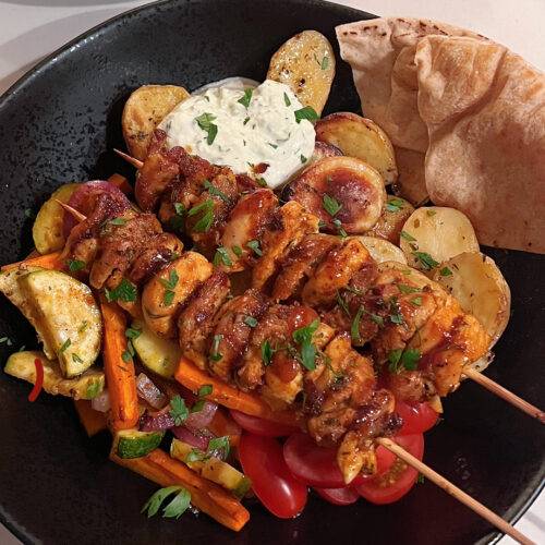 One-Pan Easy Chicken Skewer Greek Bowl
