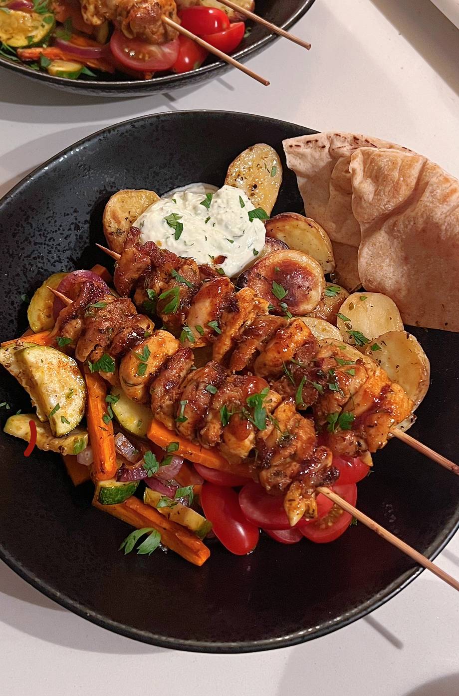 One-Pan Easy Chicken Skewer Greek Bowl
